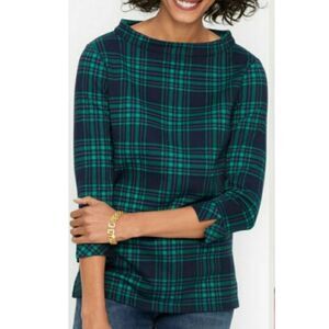 TALBOTS Funnel Neck Knit Top Blue Green Black Blackwatch Plaid